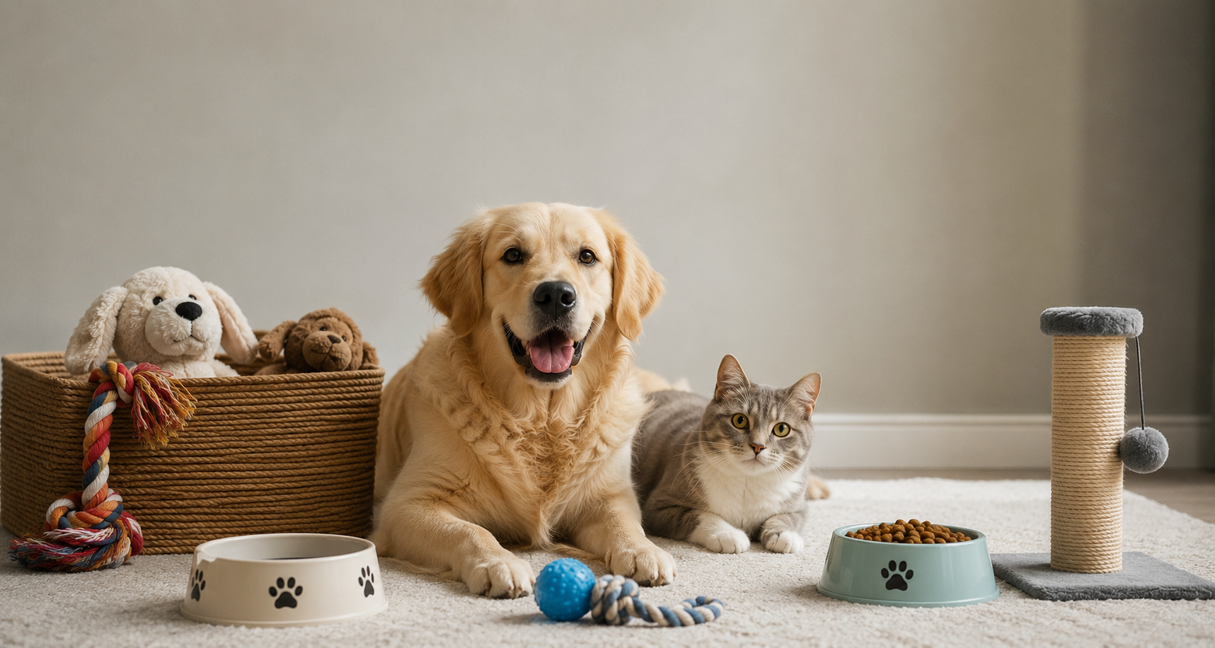 Pet supplies collection featuring pet accessories, grooming products and pet care essentials