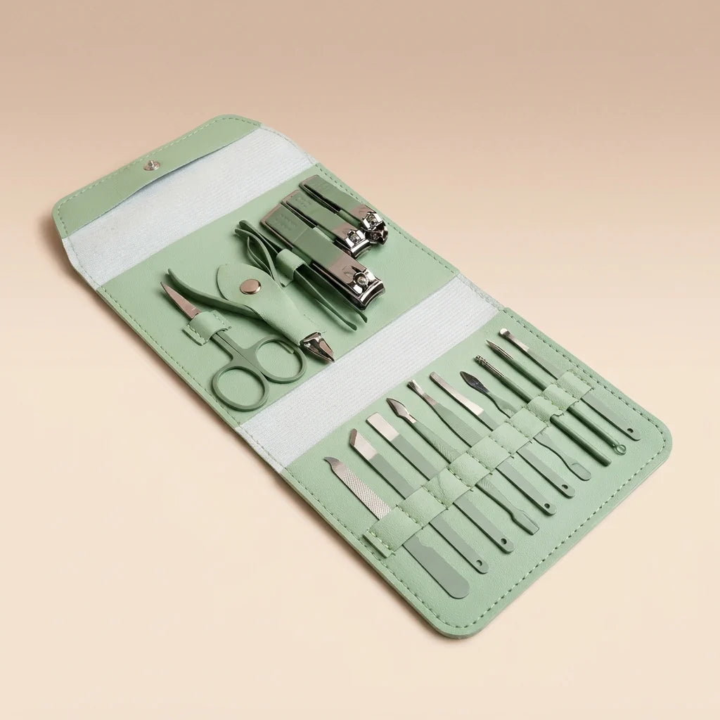 16-piece manicure and pedicure grooming kit in green with nail care tools and a compact carrying case.