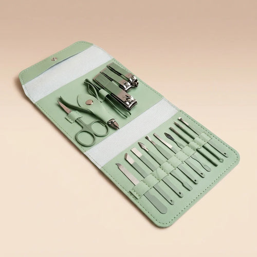 16-piece manicure and pedicure grooming kit in green with nail care tools and a compact carrying case.