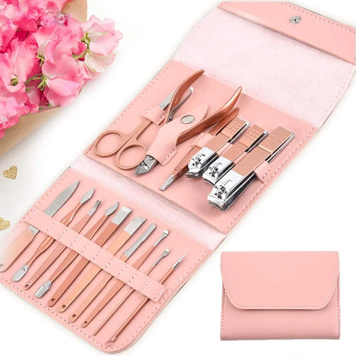16-piece manicure and pedicure grooming kit in pink with nail care tools and a compact carrying case.