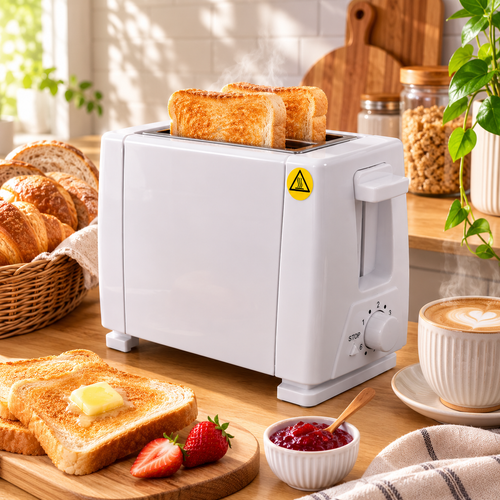 2-slice toaster with two bread slots for preparing toast, breakfast, sandwiches, and snacks.