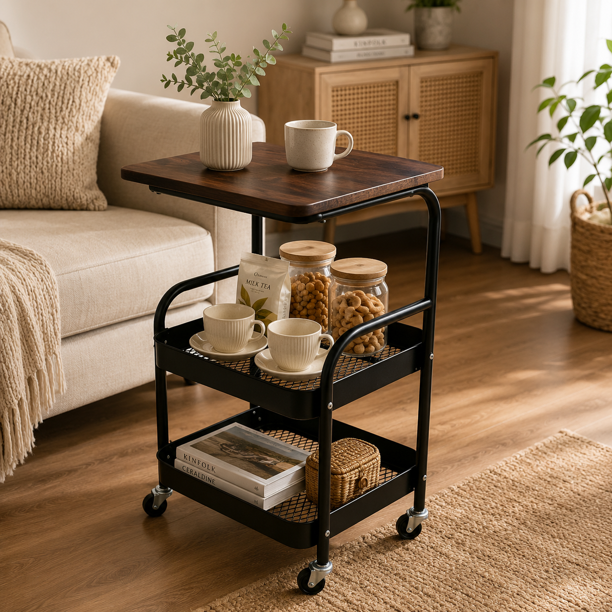 Rolling Side Table with Storage Shelves
