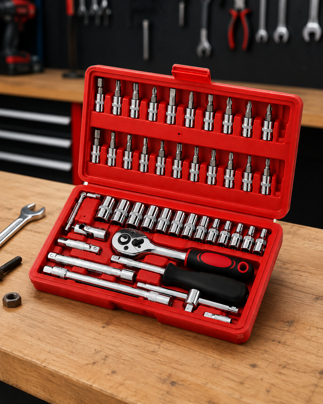 Open 46-piece socket wrench set in a red storage case displayed on a wooden workbench in a professional workshop with ratchet handle, sockets, screwdriver bits and extension bars.