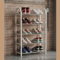 White 5-tier metal shoe rack organizer with shoes arranged on open storage shelves