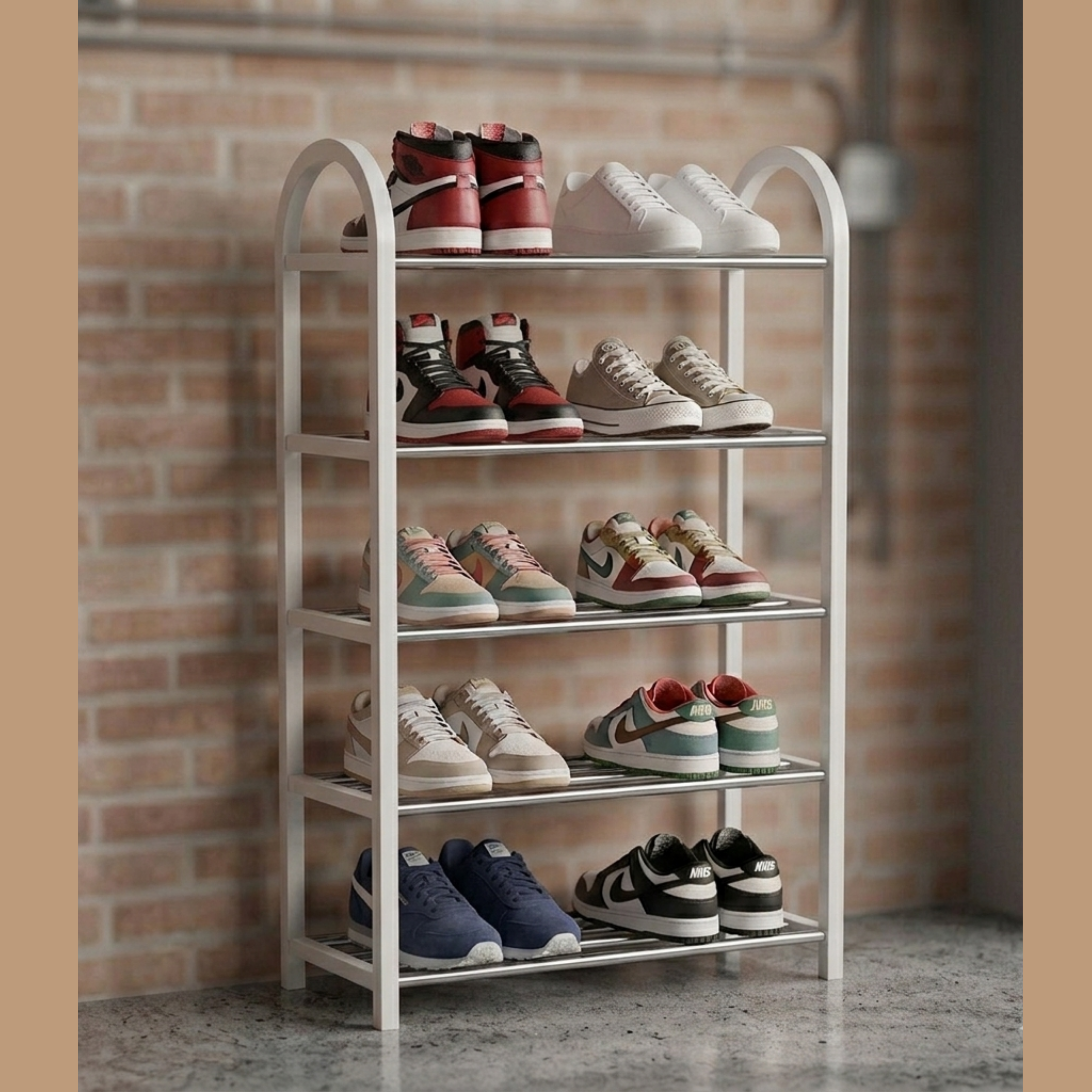 White 5-tier metal shoe rack organizer with shoes arranged on open storage shelves