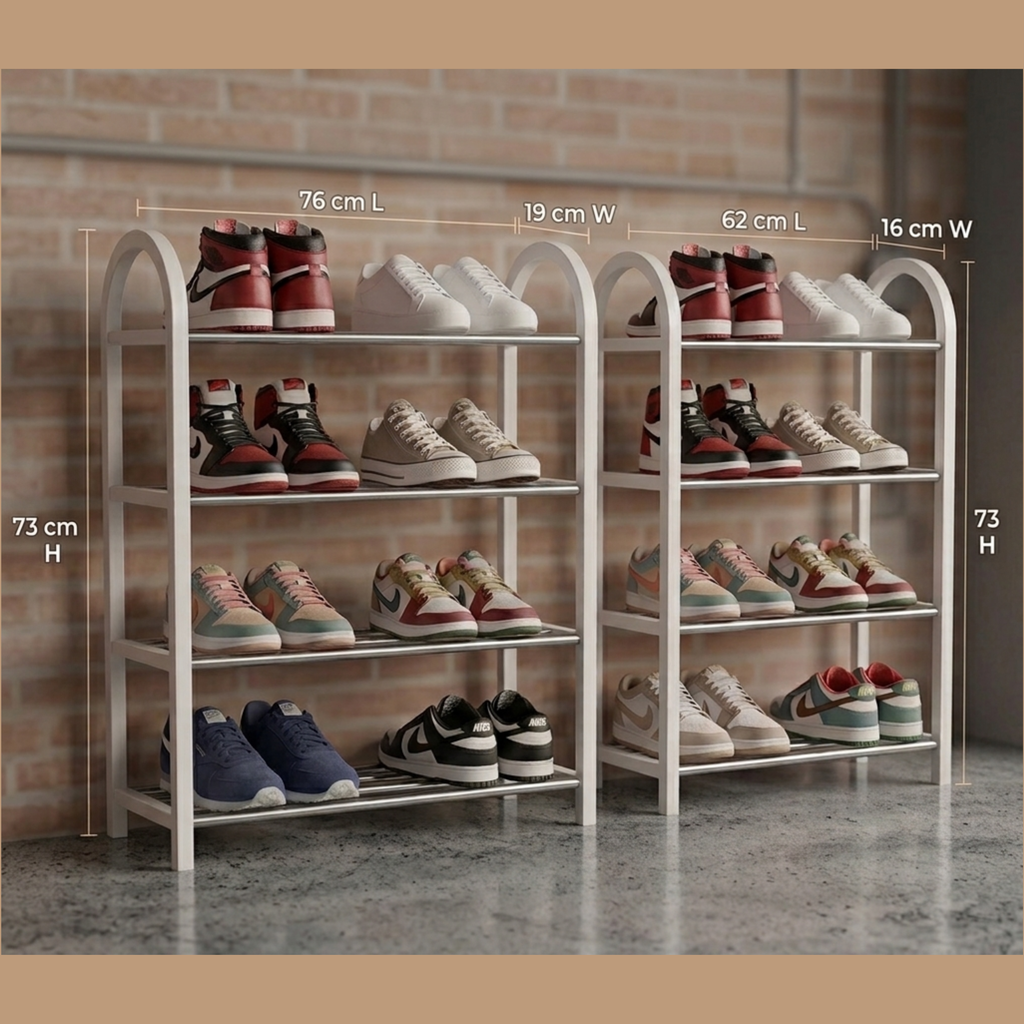 5-tier metal shoe rack dimensions showing 62 cm and 76 cm size options