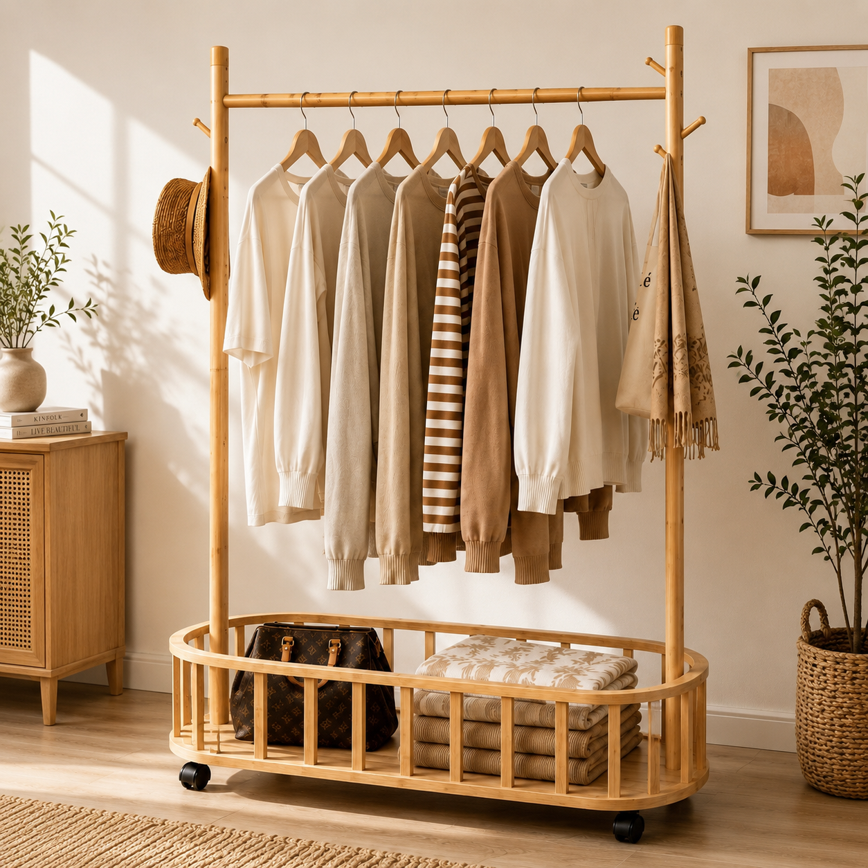 Bamboo Garment Rack with Storage Shelf
