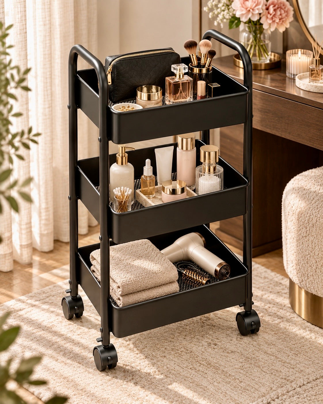 Black 3-layer metal storage trolley for bathroom towels and toiletries