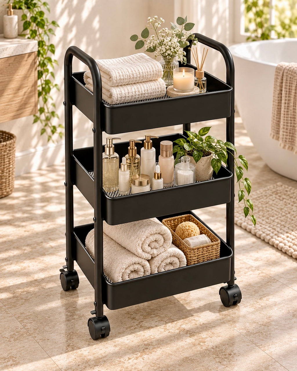 Black 3-layer metal storage trolley for makeup and beauty products