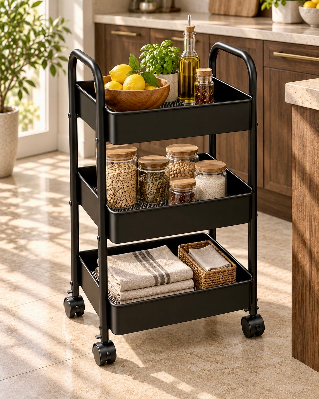 Black 3-layer metal storage trolley organised with kitchen essentials