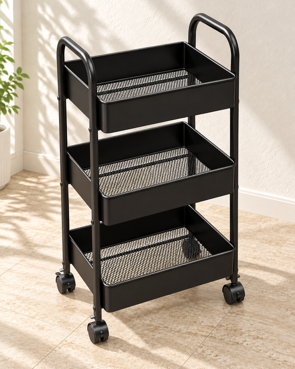 Black 3-layer metal storage trolley with wheels