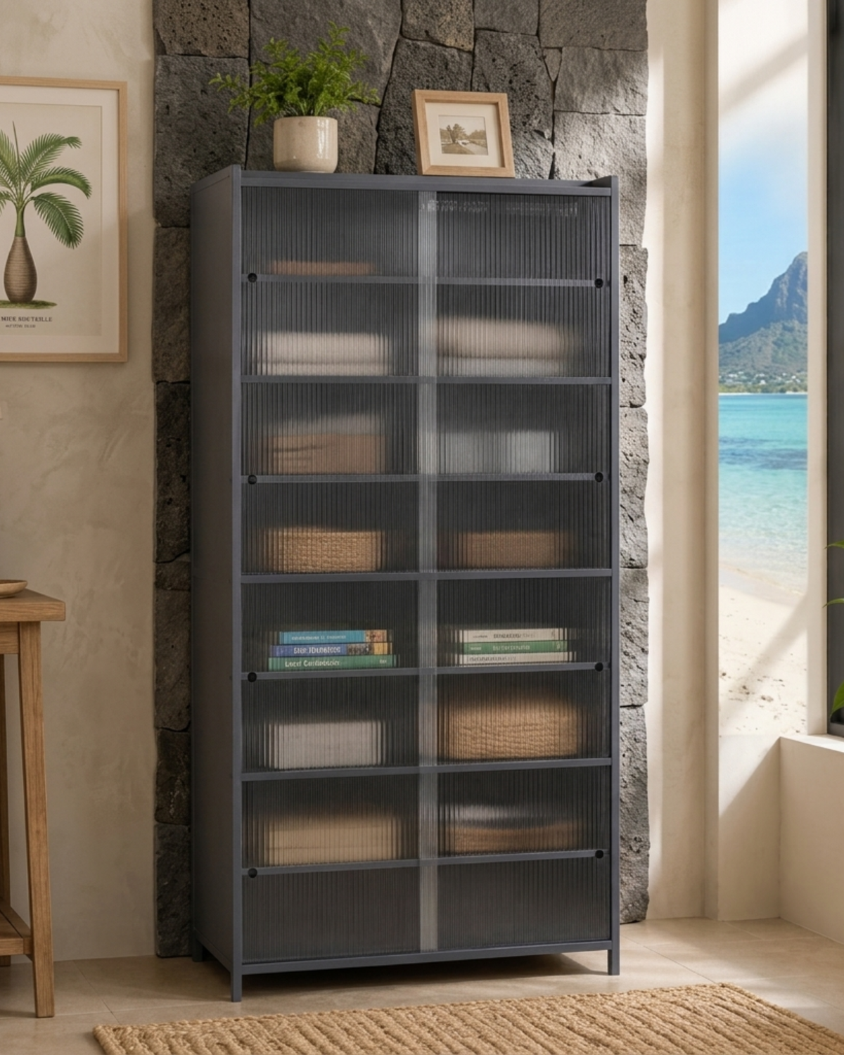Black ribbed storage cabinet with glass doors and multiple shelves for home organization and display.
