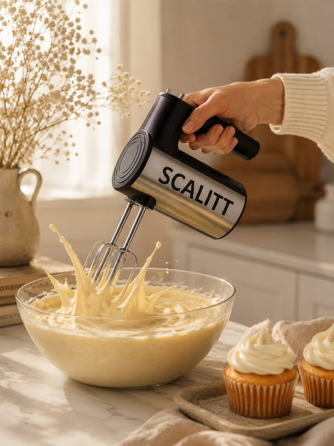 SCALITT electric hand mixer with stainless steel beaters mixing cake batter in a glass bowl on a modern kitchen countertop