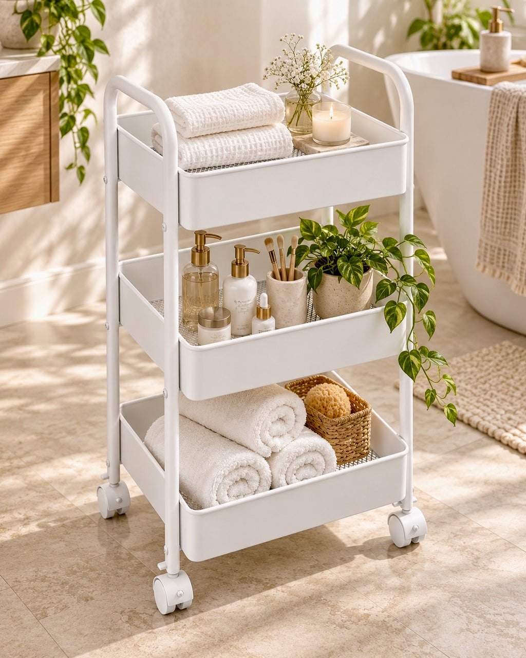     White 3-layer metal storage trolley for bathroom towels and toiletries