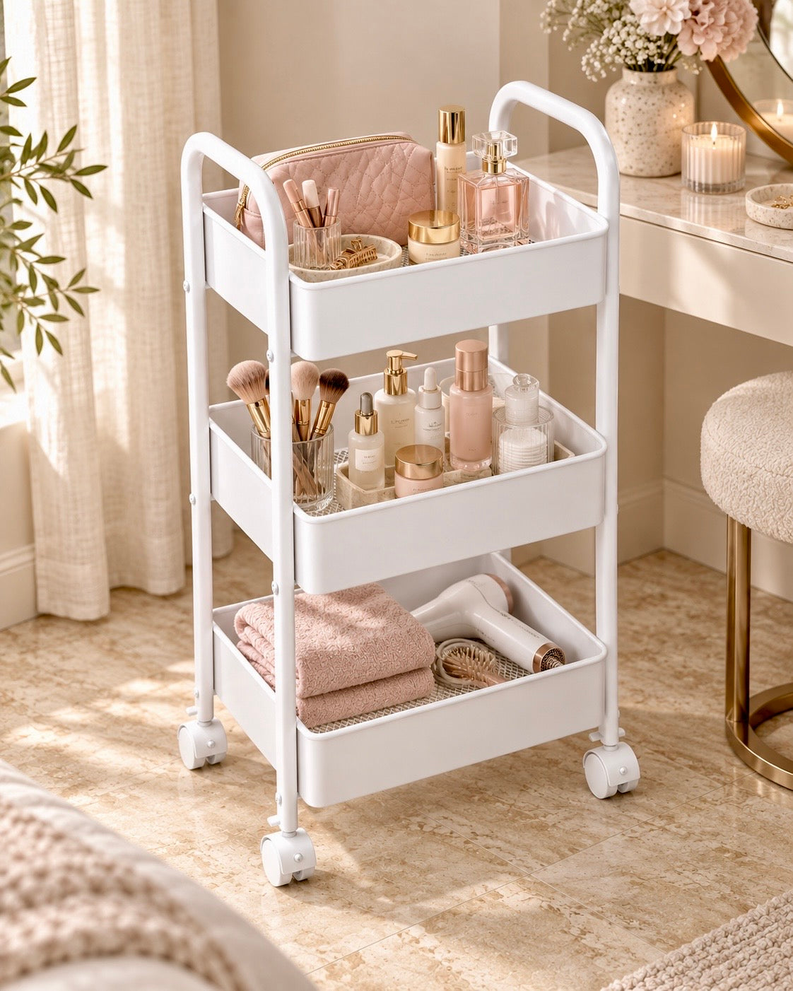    White 3-layer metal storage trolley for makeup and beauty products