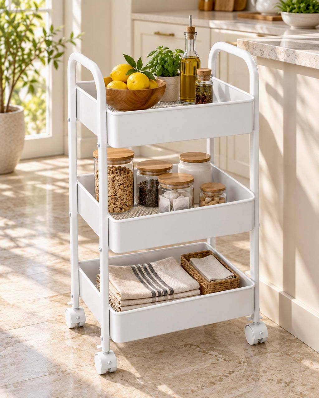     White 3-layer metal storage trolley organised with kitchen essentials