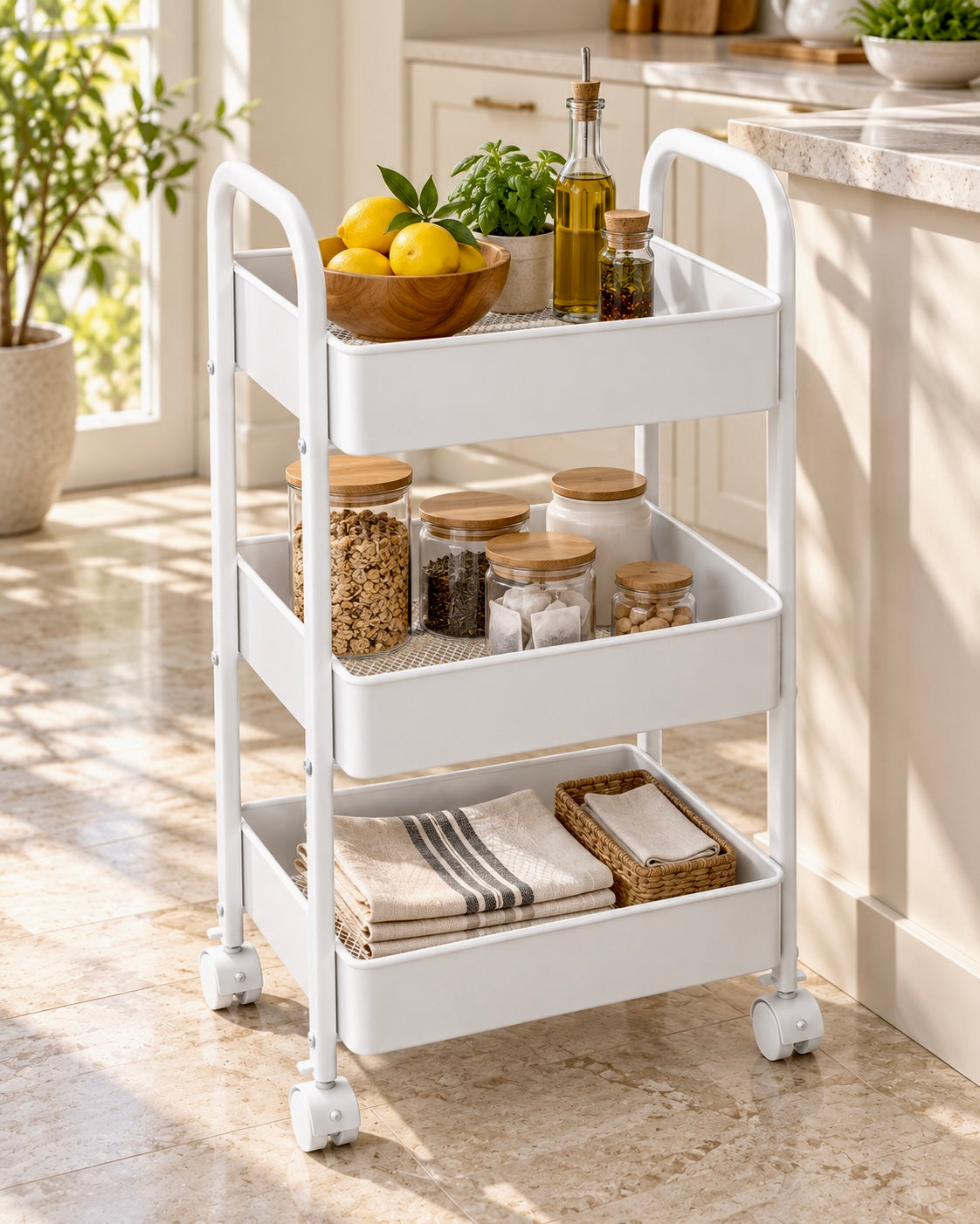     White 3-layer metal storage trolley organised with kitchen essentials