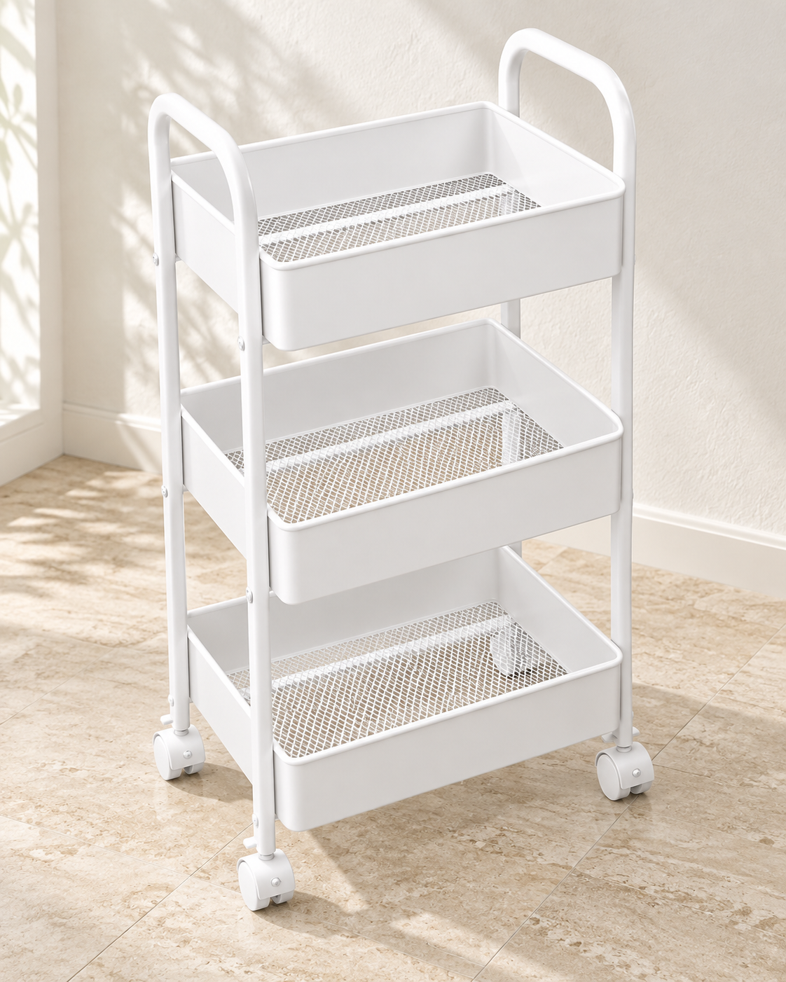 White 3-layer metal storage trolley with wheels