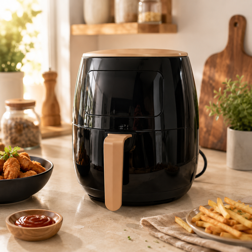 Air fryer with a compact countertop design for preparing fries, chicken, vegetables, seafood, snacks, and everyday meals.