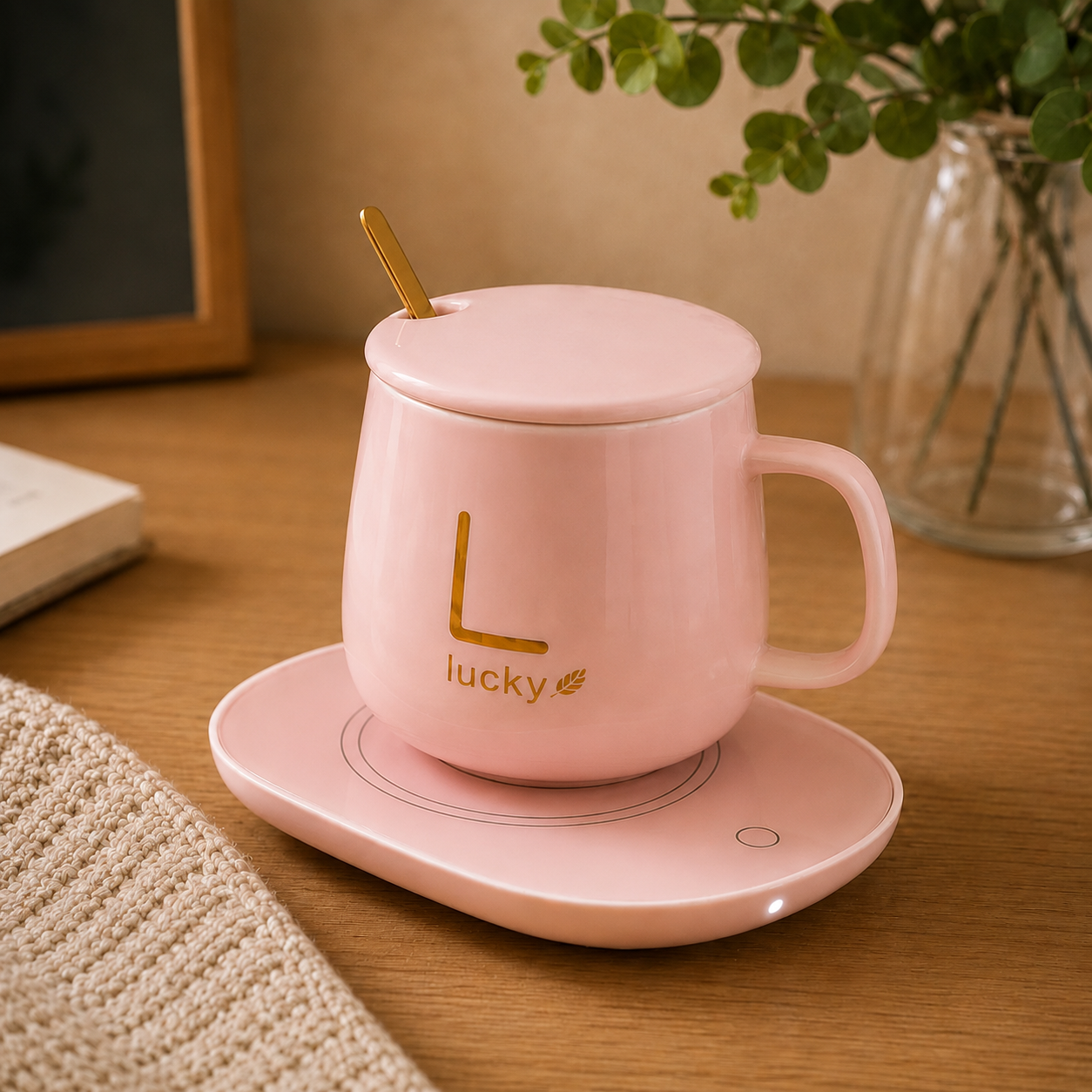 Baby pink ceramic mug with lid, gold spoon, and electric mug warmer on a wooden desk.
