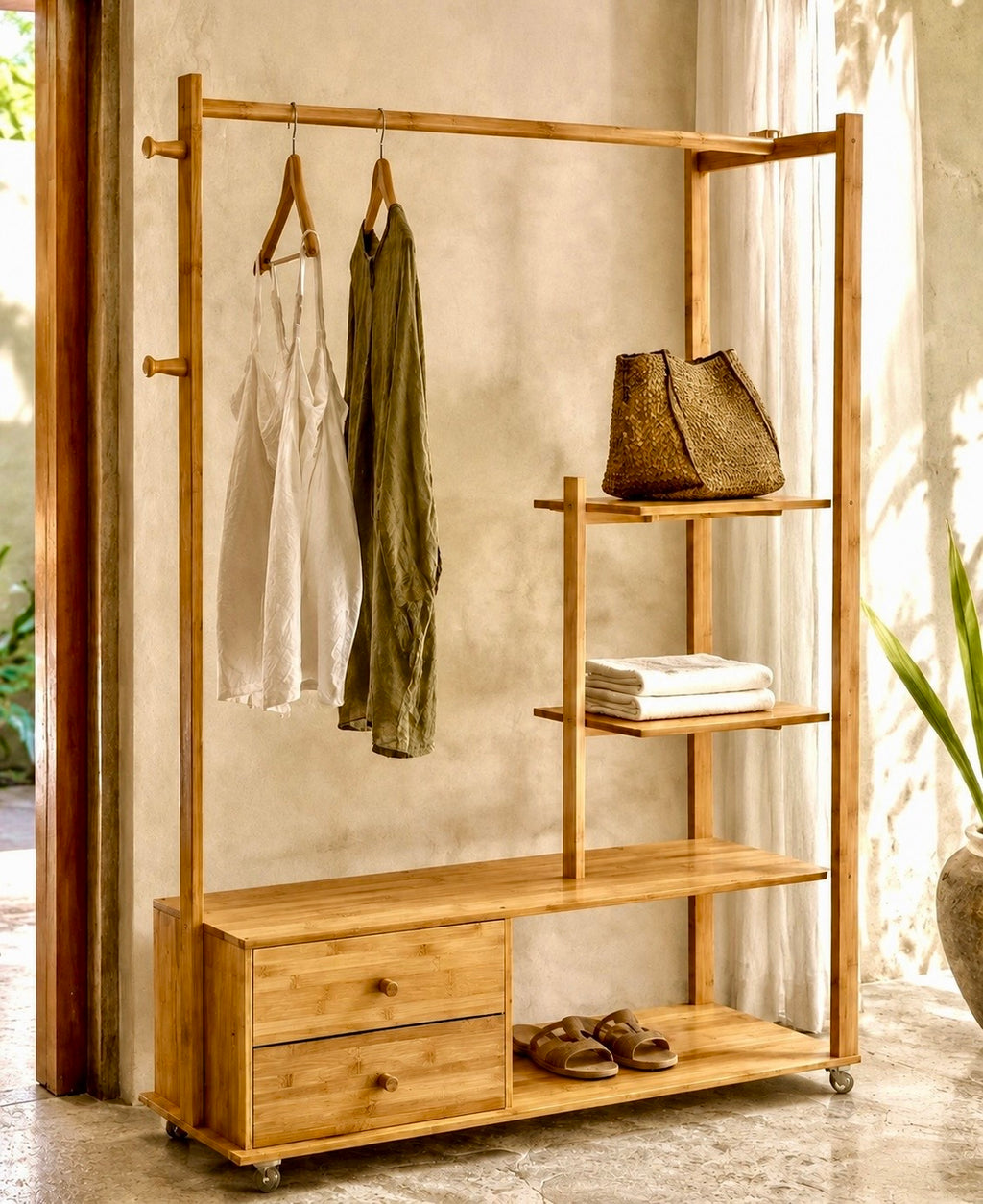 Bali Wardrobe Station with hanging rail and storage shelves in natural wood finish – China Home Store Mauritius