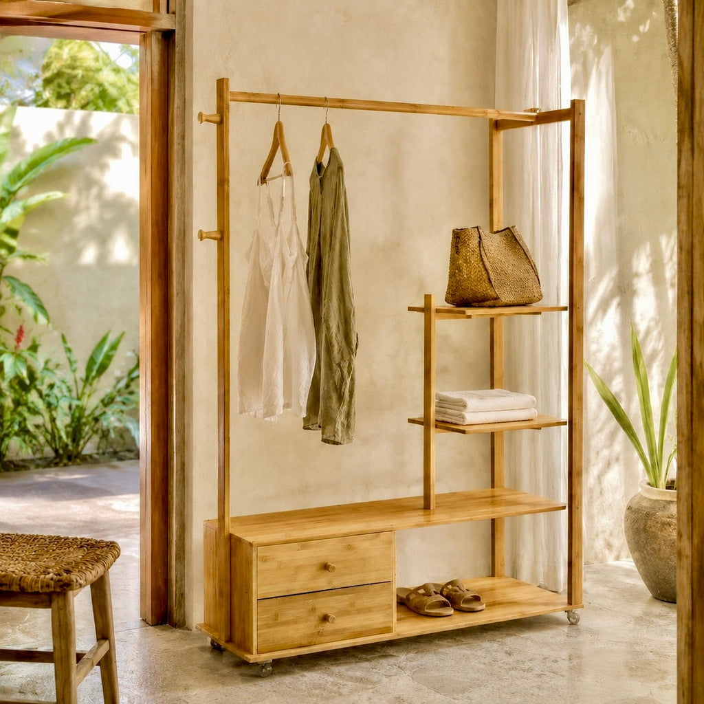 Bali Wardrobe Station with hanging rail and storage shelves in natural wood finish – China Home Store Mauritius2