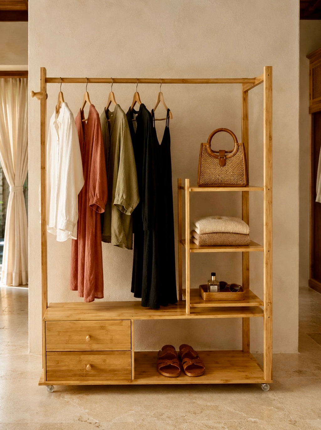 Bali Wardrobe Station with hanging rail and storage shelves in natural wood finish – China Home Store Mauritius3