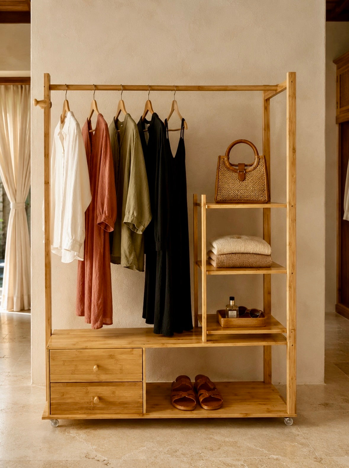 Bali Wardrobe Station with hanging rail and storage shelves in natural wood finish – China Home Store Mauritius3