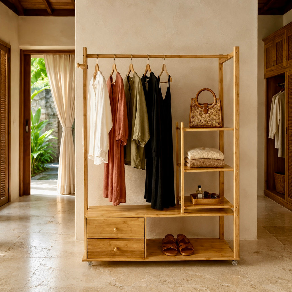 Bali Wardrobe Station with hanging rail and storage shelves in natural wood finish – China Home Store Mauritius4