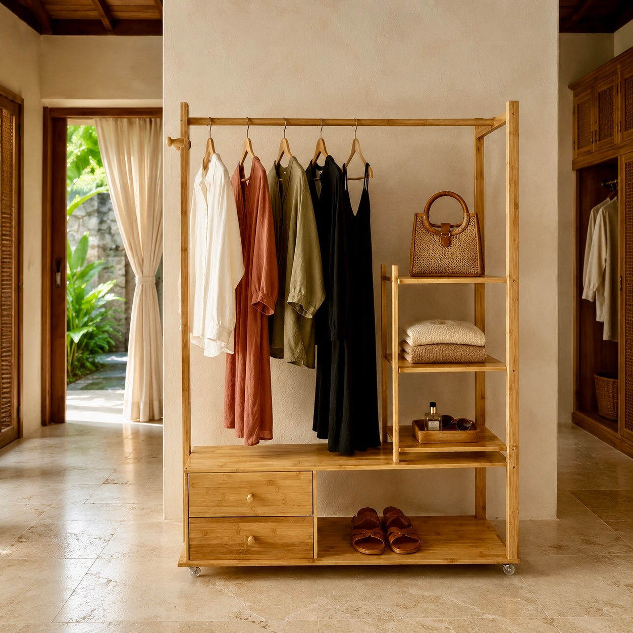 Bali Wardrobe Station with hanging rail and storage shelves in natural wood finish – China Home Store Mauritius4