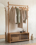 Bamboo clothes rack with hanging rail and storage shelf for bedroom organisation in Mauritius