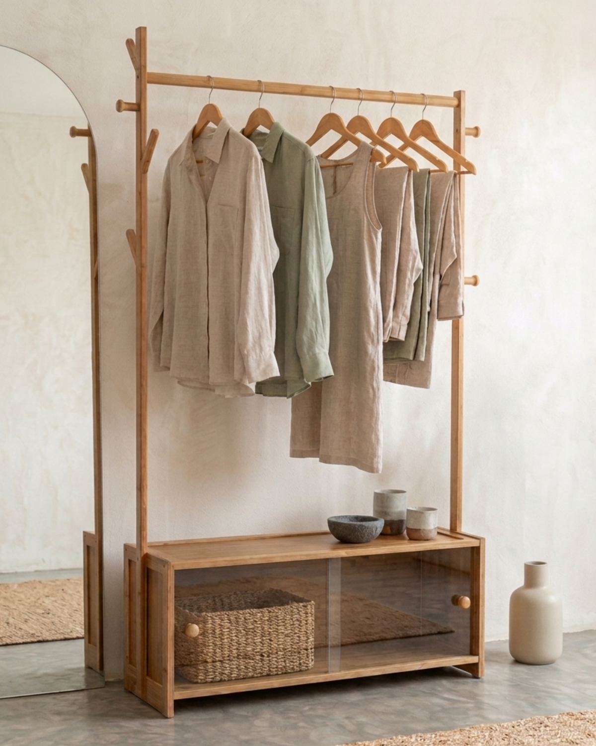 Bamboo clothes rack with hanging rail and storage shelf for bedroom organisation in Mauritius