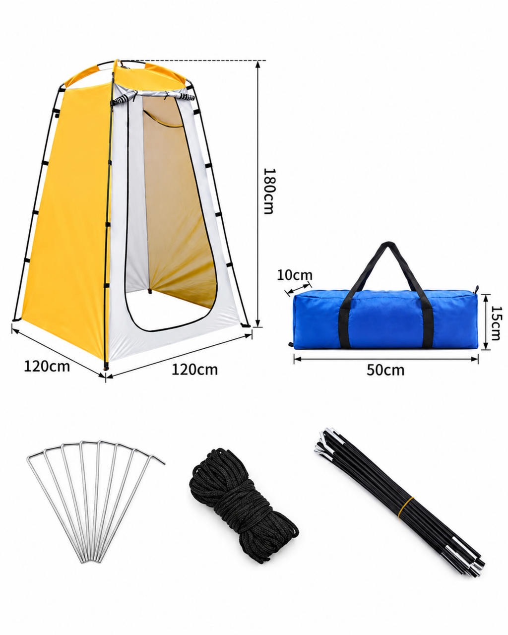 Changing tent dimensions: 120 × 120 × 180 cm, with carry bag, poles, rope and pegs