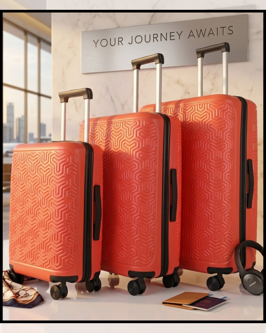 Coral Maze 3-piece coral red suitcase set with telescopic handles in 57, 69 and 78 inches.