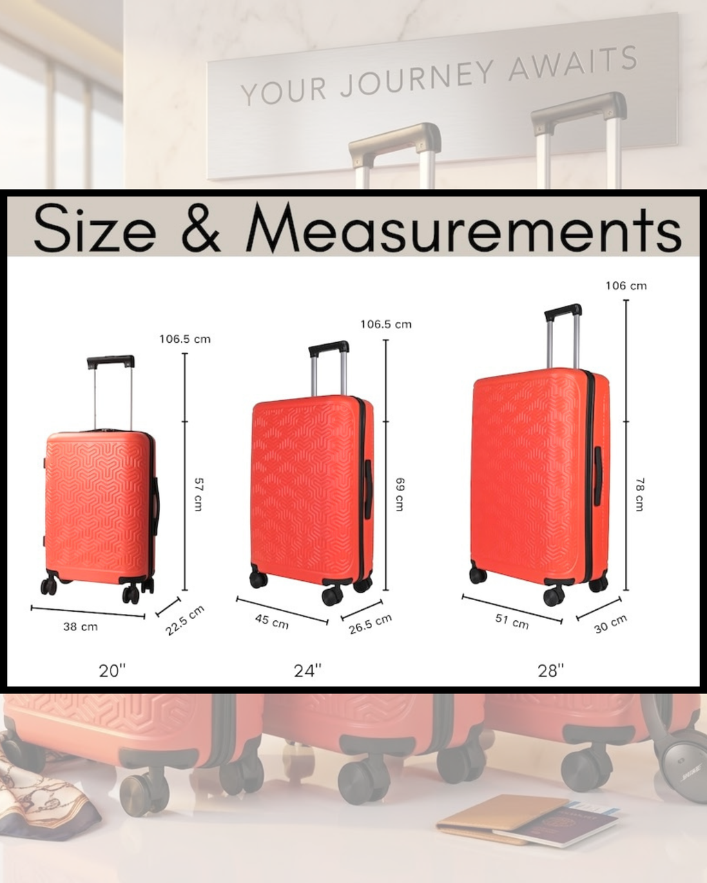 Coral Maze 3-piece suitcase set size chart with 20, 24 and 28 inch luggage dimensions.