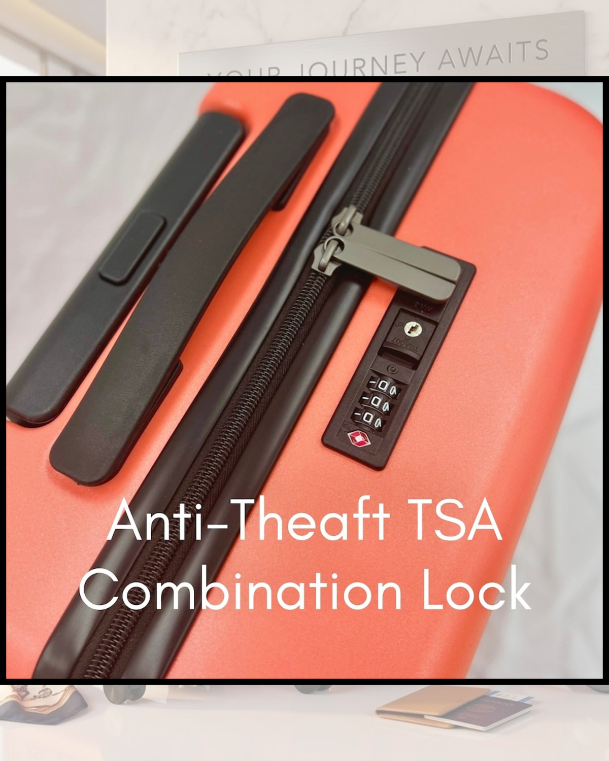Coral Maze coral red suitcase with built-in anti-theft TSA combination lock.