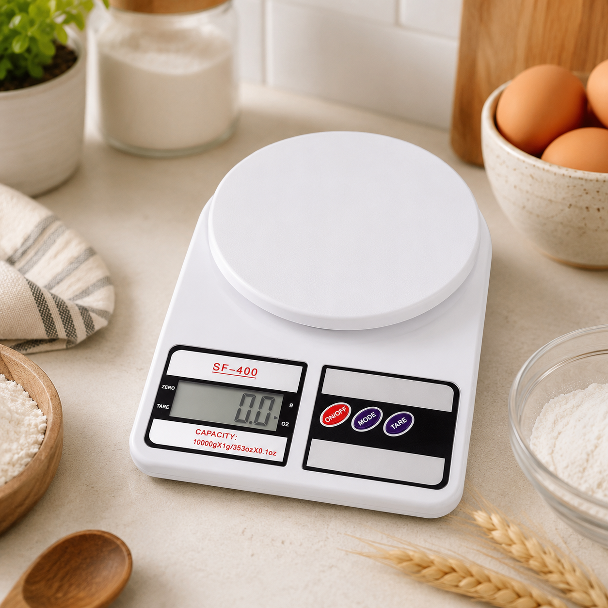Digital Kitchen Scale SF-400 with LCD display and 10kg capacity for baking, cooking, meal preparation, and accurate food weighing.