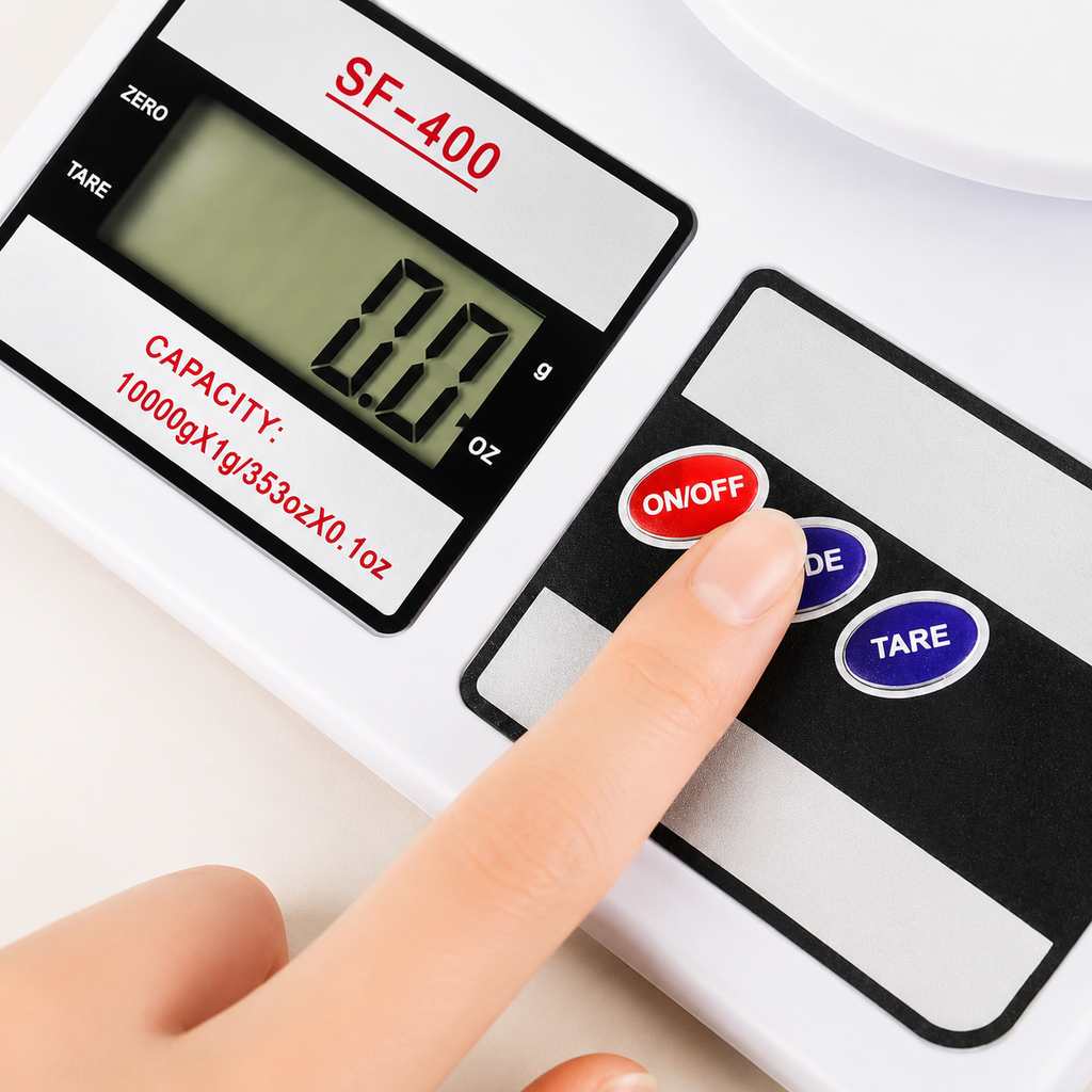 Close-up of the SF-400 digital kitchen scale showing the LCD display and on/off, mode, and tare buttons for accurate food weighing.