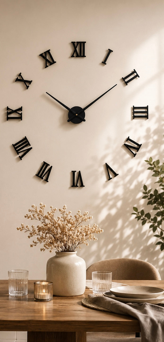 DIY 3D wall clock with Roman numerals, silent movement, and a customizable layout for living rooms, bedrooms, offices, and home décor.