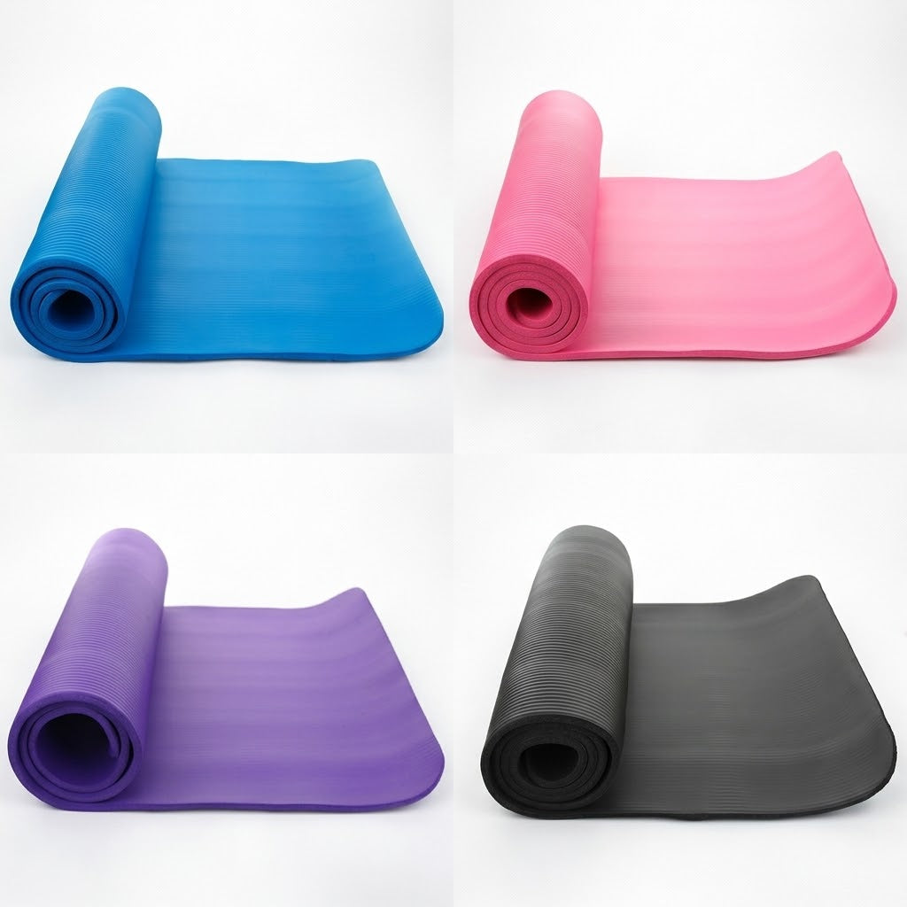 Exercise and yoga mats available in blue, pink, purple and black colour options.