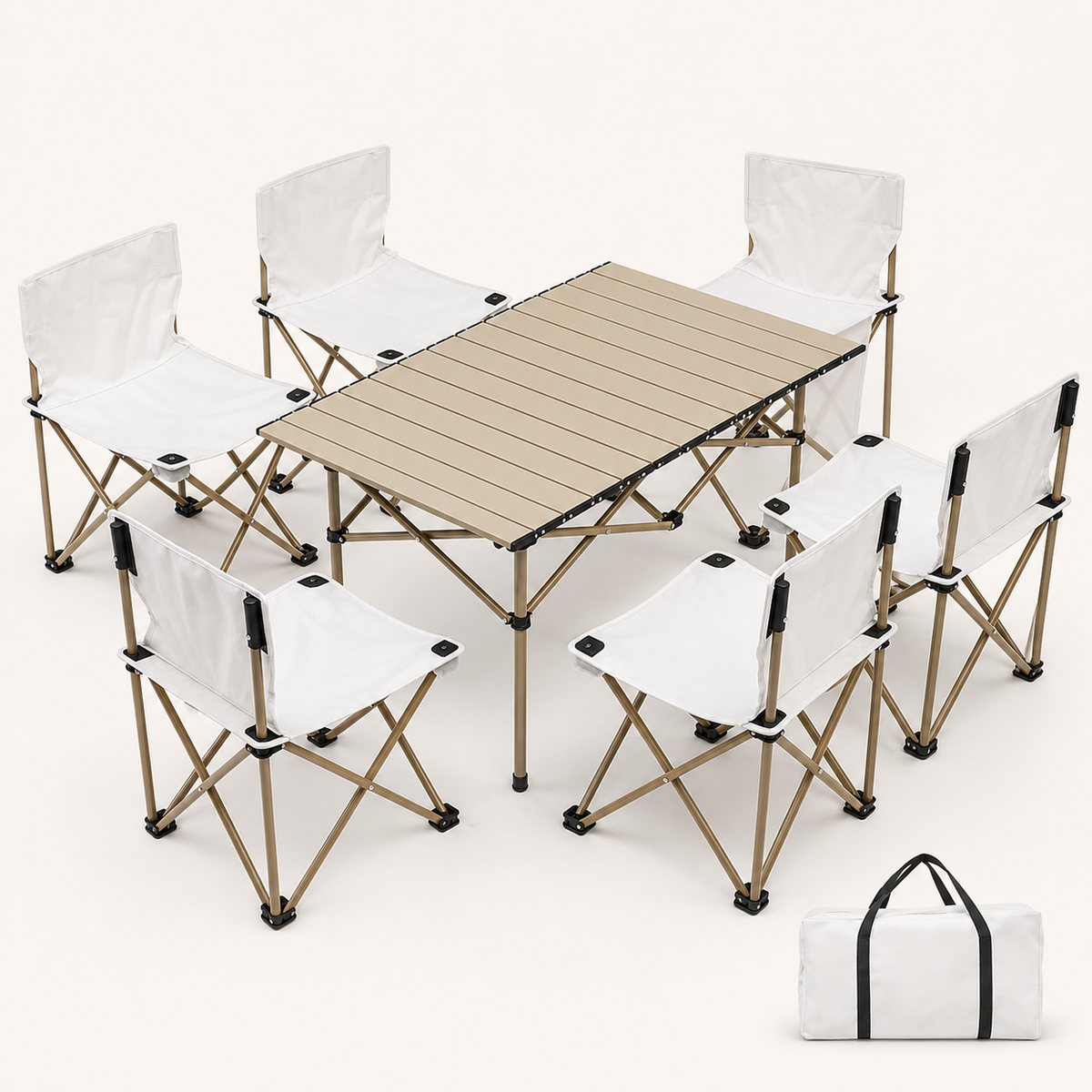 Family Picnic Set for 6 people with folding table and six white chairs on white background