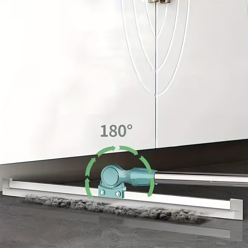 Floor squeegee with 180-degree rotating head cleaning under cabinets and furniture.