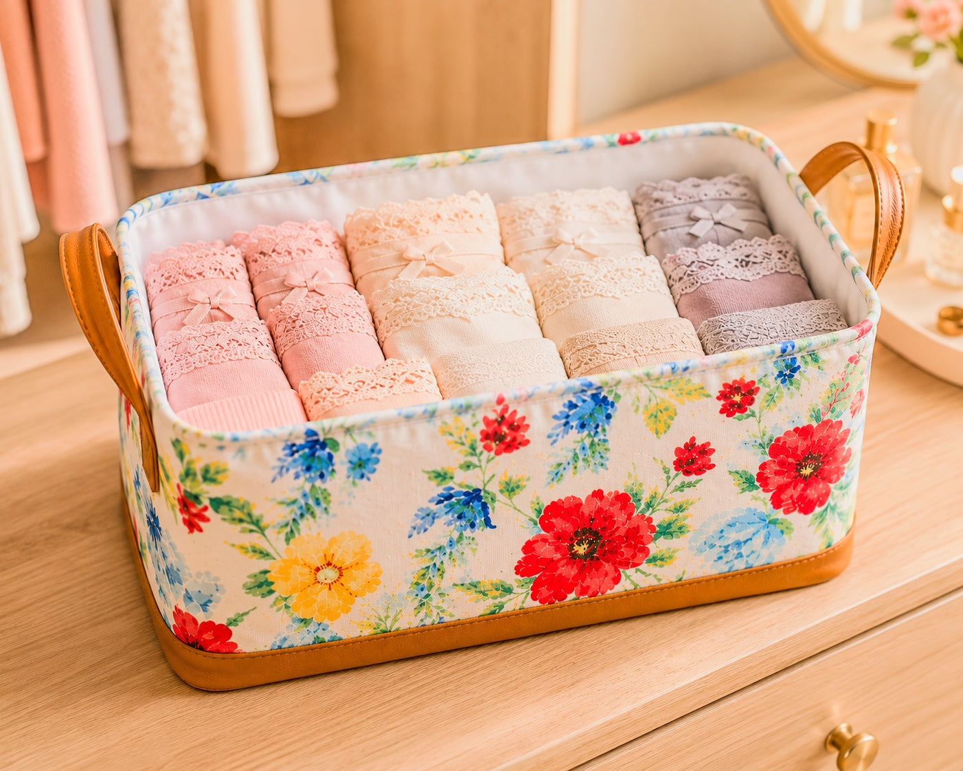 Floral storage basket with side handles for organizing towels, clothing, toiletries, toys, and household essentials.