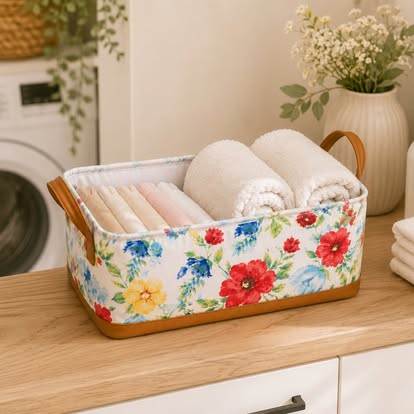 Floral storage basket with side handles for organizing towels, clothing, toiletries, toys, and household essentials.