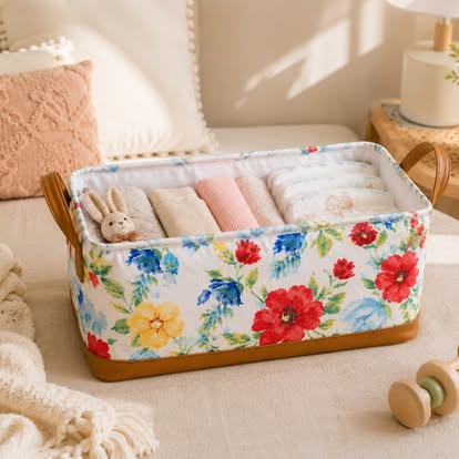 Floral storage basket with side handles for organizing towels, clothing, toiletries, toys, and household essentials.