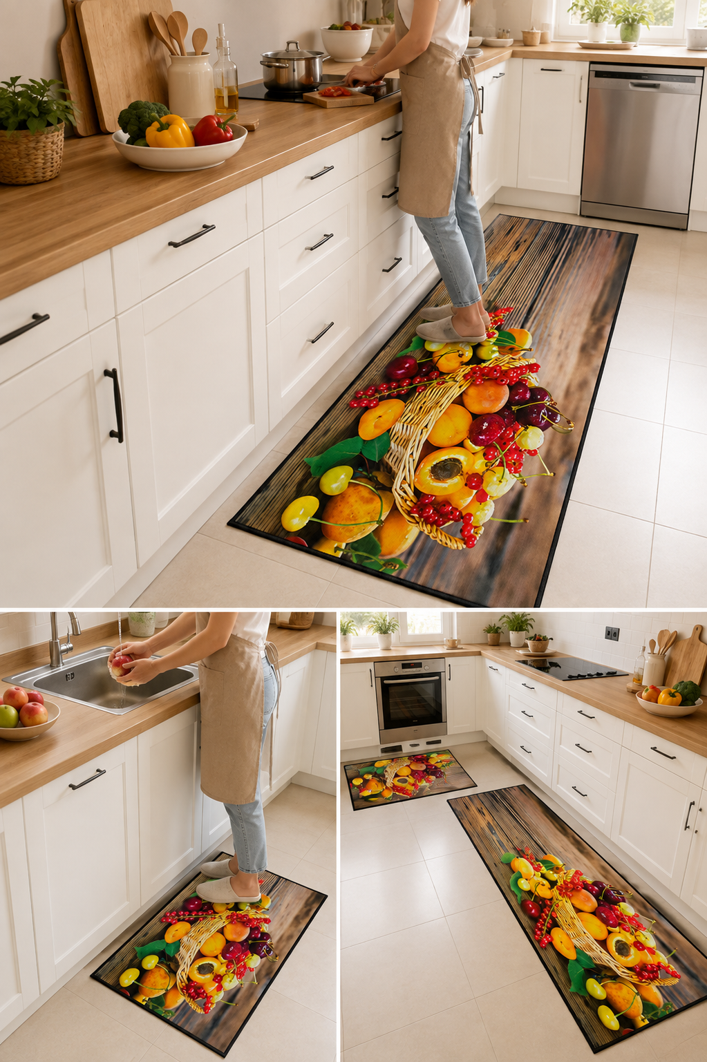 Fruit basket kitchen mat set with a long runner and small mat in a kitchen