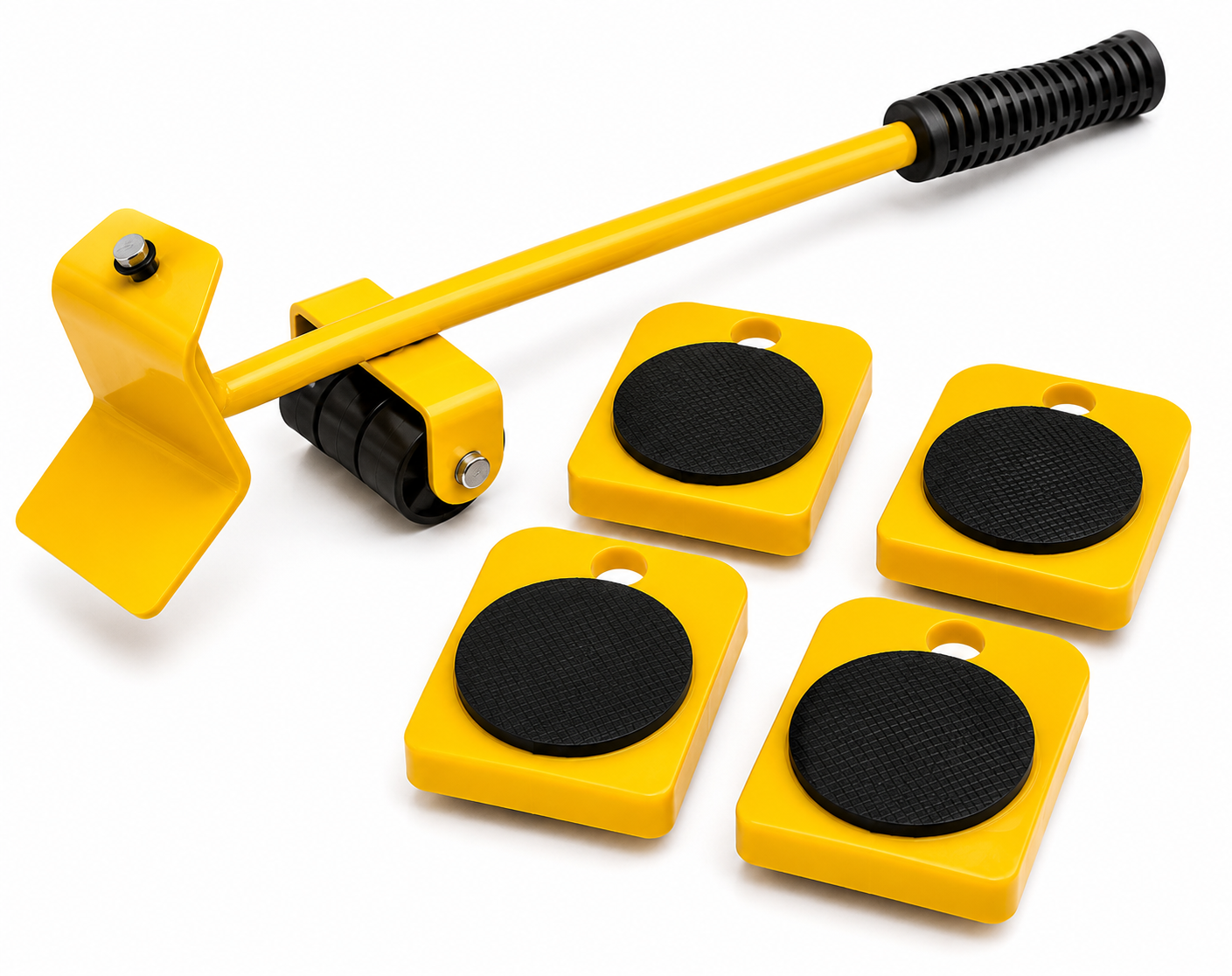 Furniture lifter and moving roller set with lifting lever and four rotating rollers for moving heavy furniture and appliances.