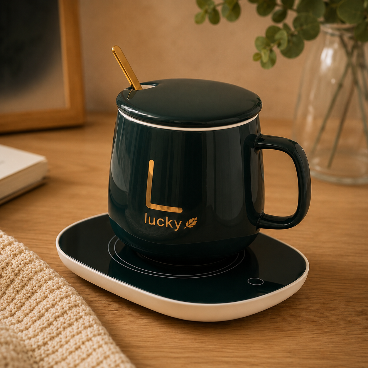 Green ceramic mug with lid, gold spoon, and electric mug warmer on a wooden desk.