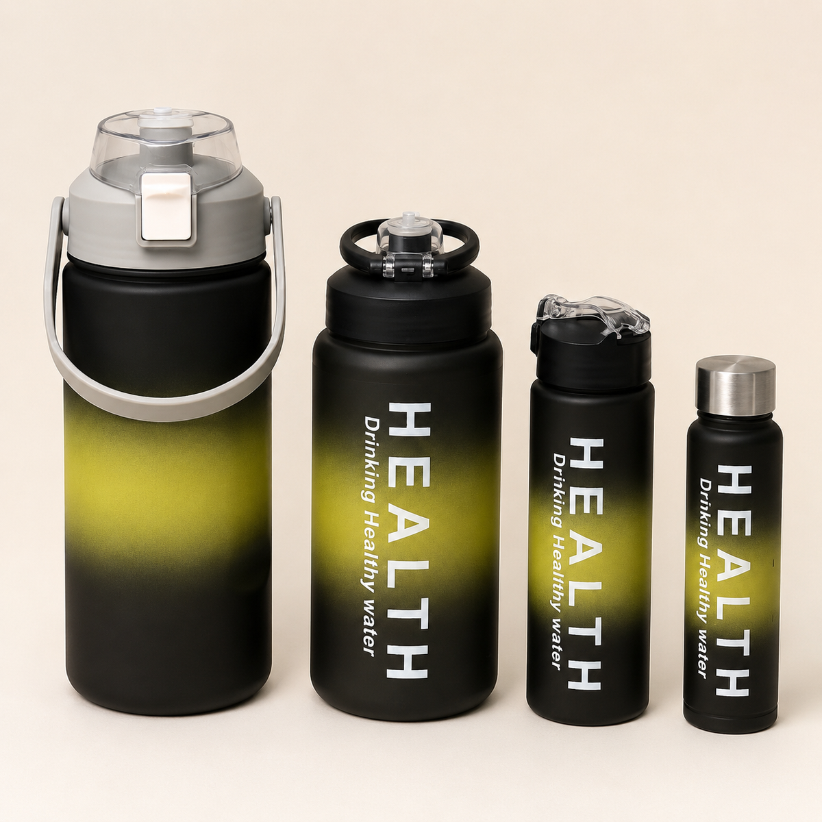 Hydro 4-piece water bottle set in black and yellow gradient – China Home Store Mauritius