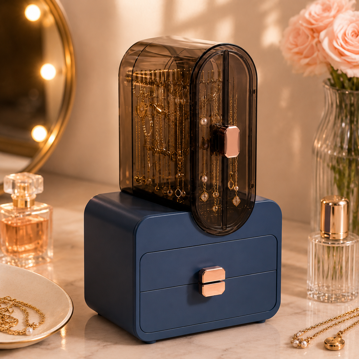 Blue jewelry organizer with transparent hanging compartment and two storage drawers displayed on a modern vanity table.